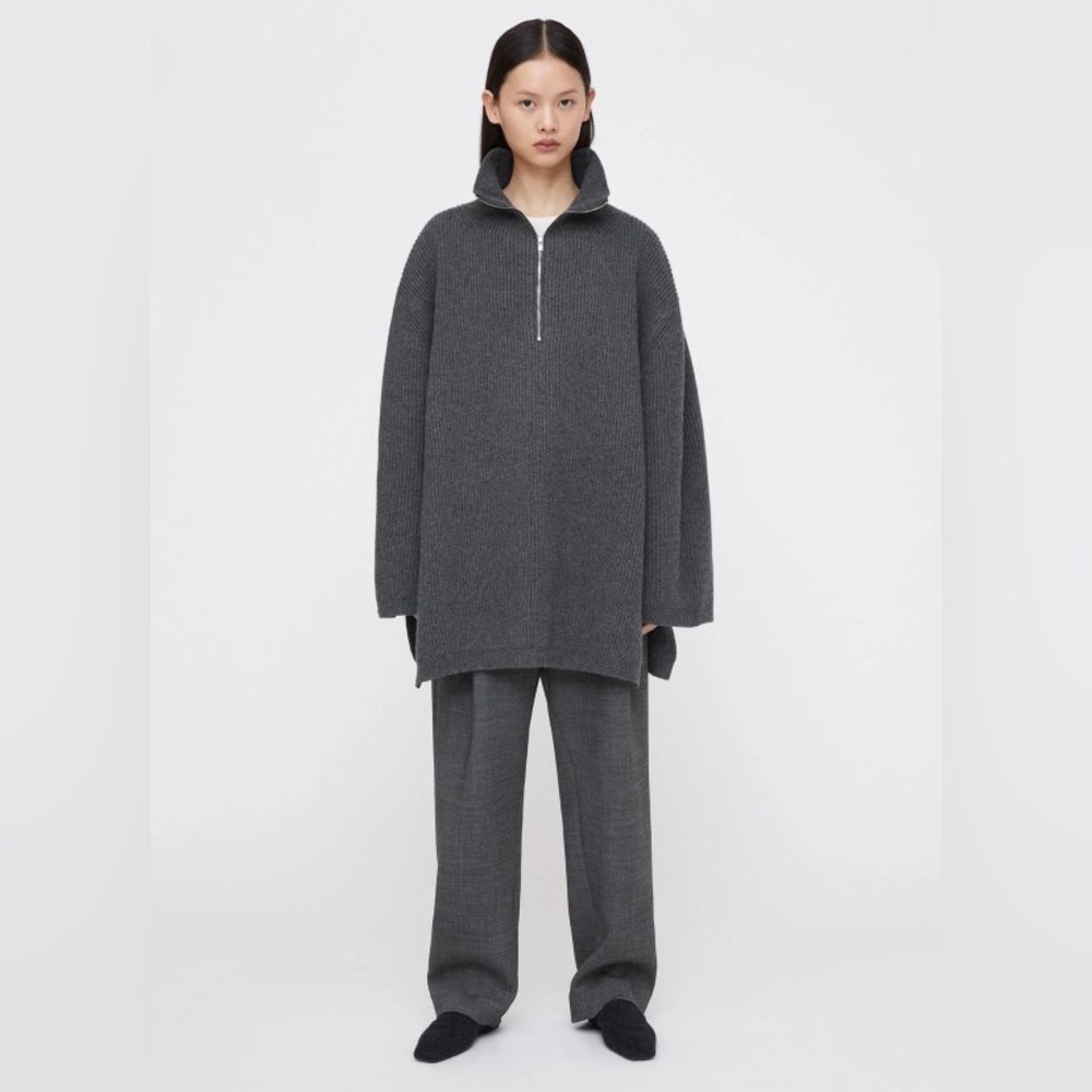 Toteme fisherman zipped wool blend roll neck sweater dark gray melange oversized - Picture 6 of 10